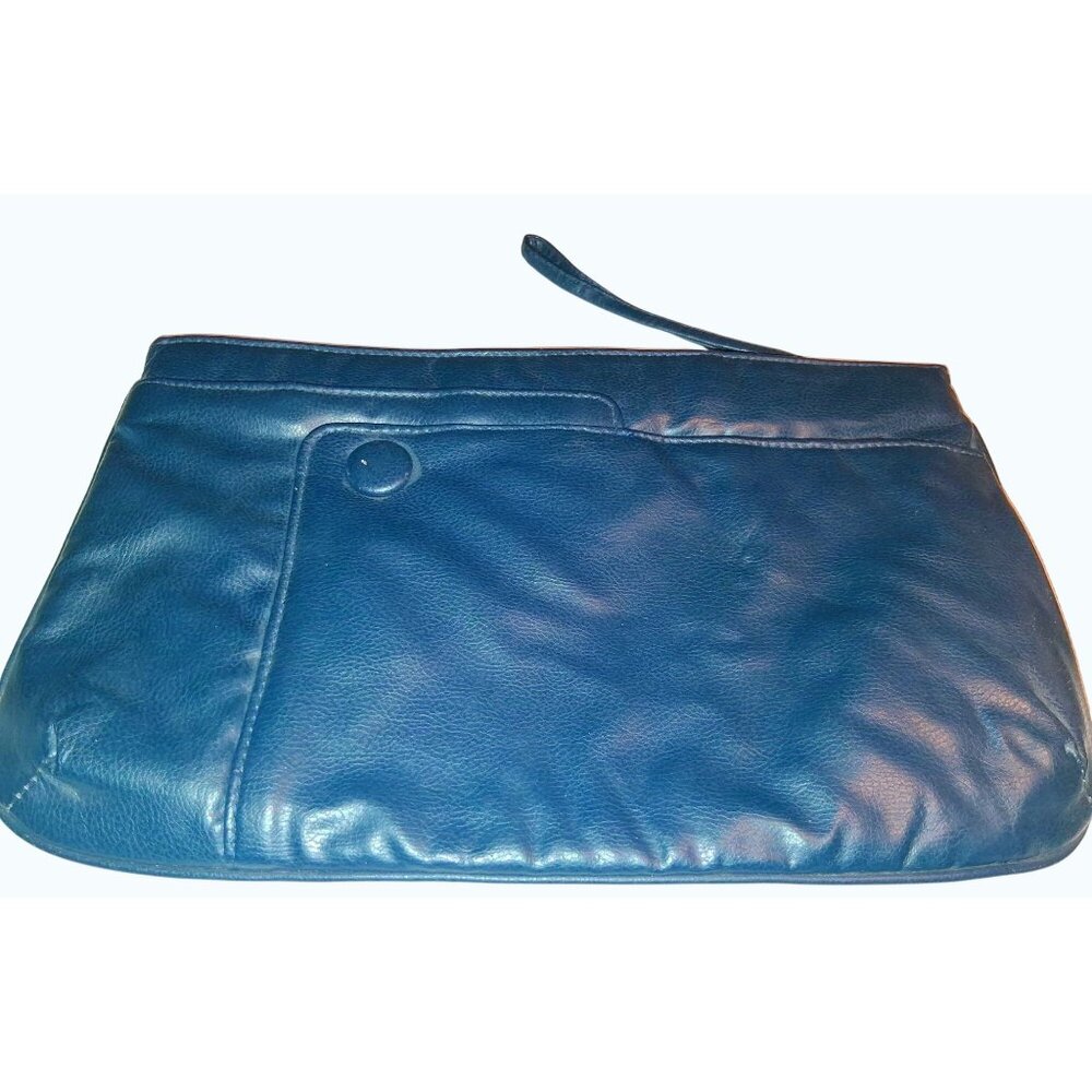 Vintage Blue Soft Leather Clutch Purse  Snap Closure Wrist Strap•96